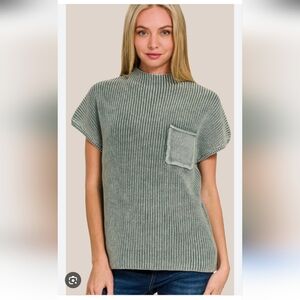 Zenana Outfitters Green Knit Short Sleeve Moc Neck Mineral Wash Sweater